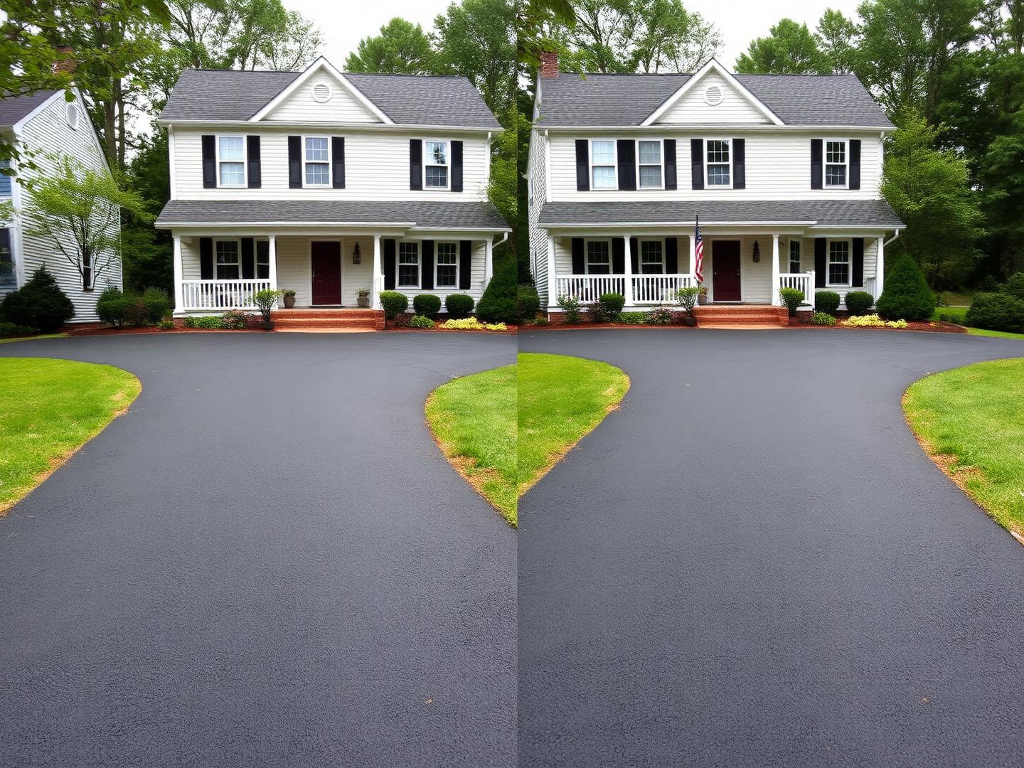Smooth repaired and sealcoated asphalt driveway after work