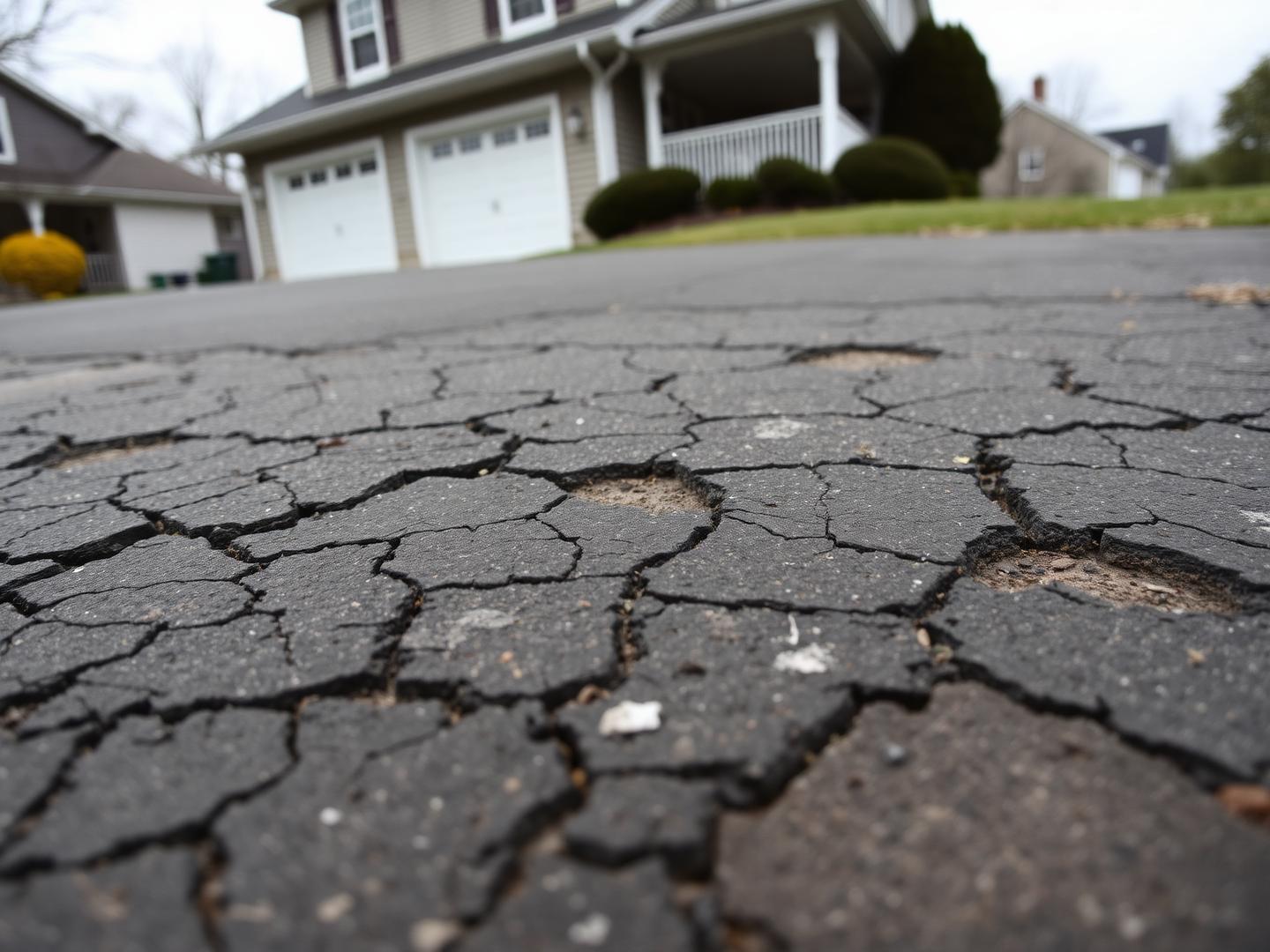 Cracked asphalt driveway with potholes before repair
