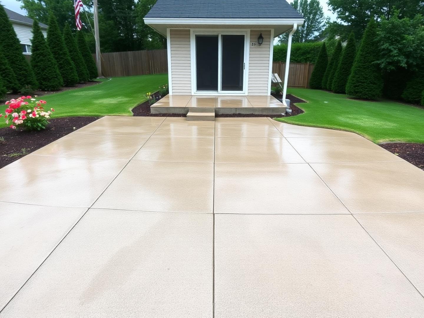 Clean bright concrete patio after pressure washing