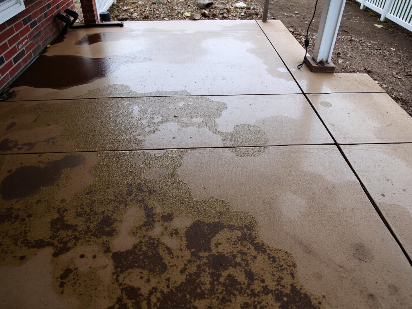 Stained, algae-covered concrete patio before pressure washing