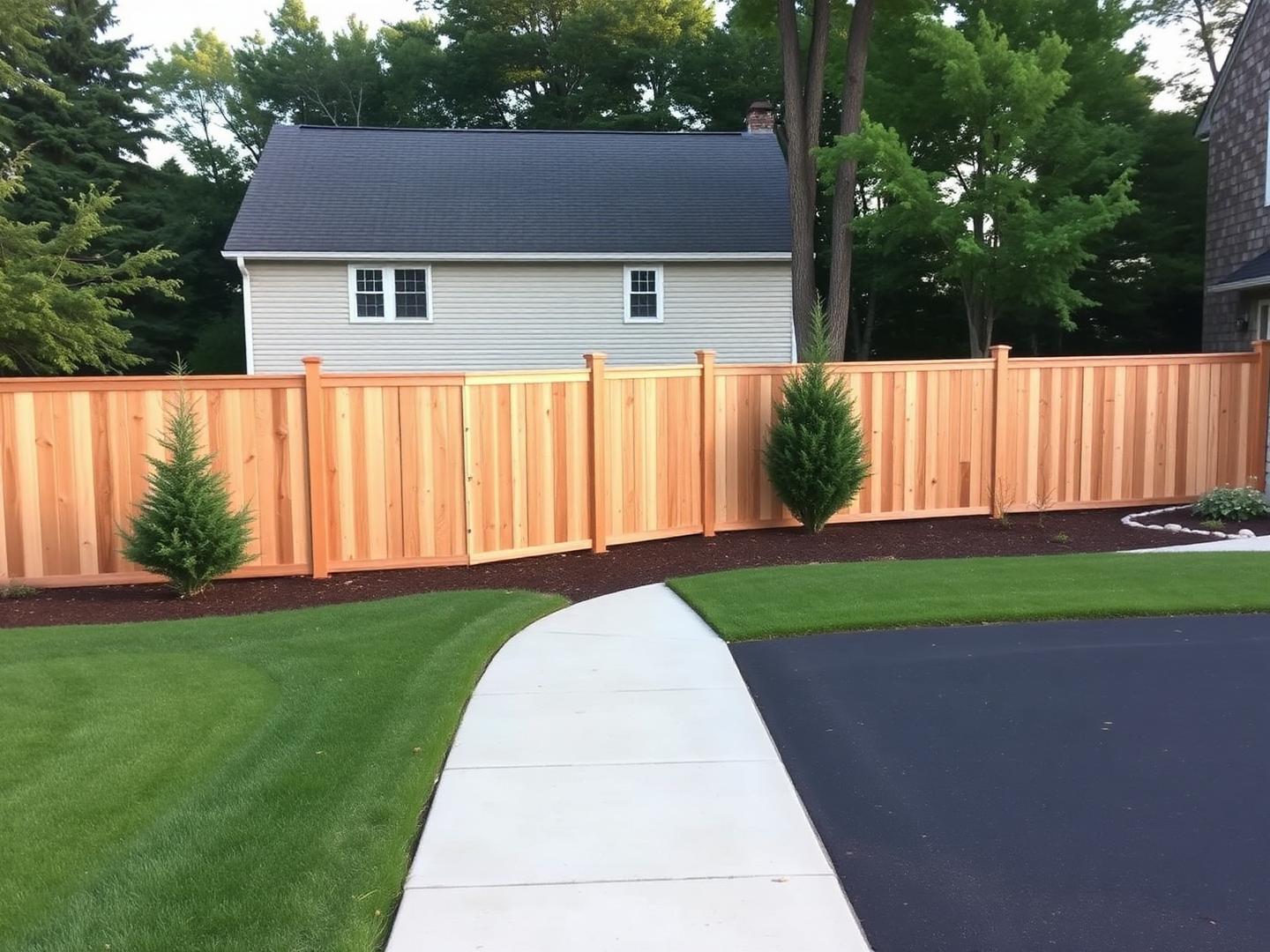 Completed fence, concrete walkway and asphalt driveway on a New England property