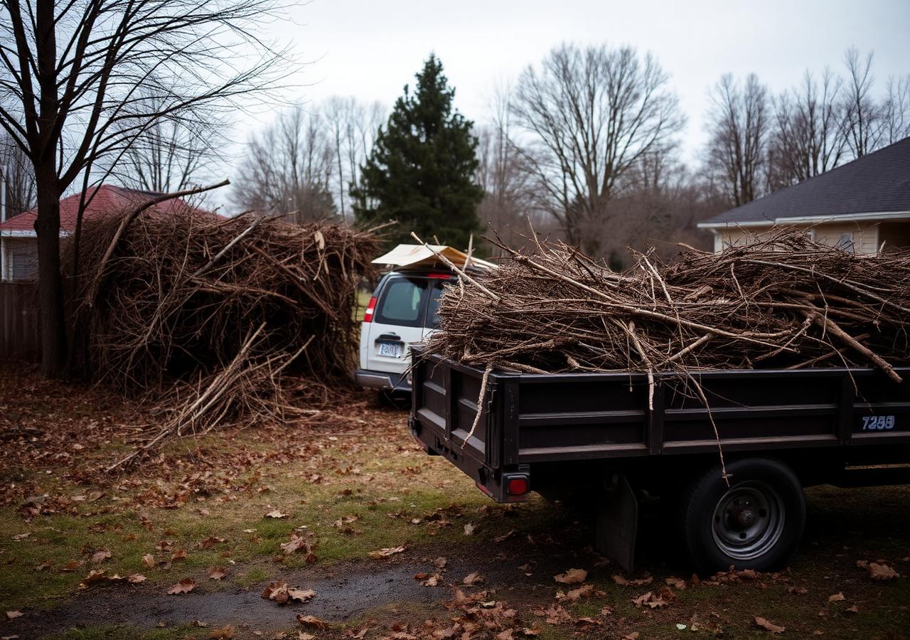 Brush and yard debris loaded into a trailer during a property cleanup
