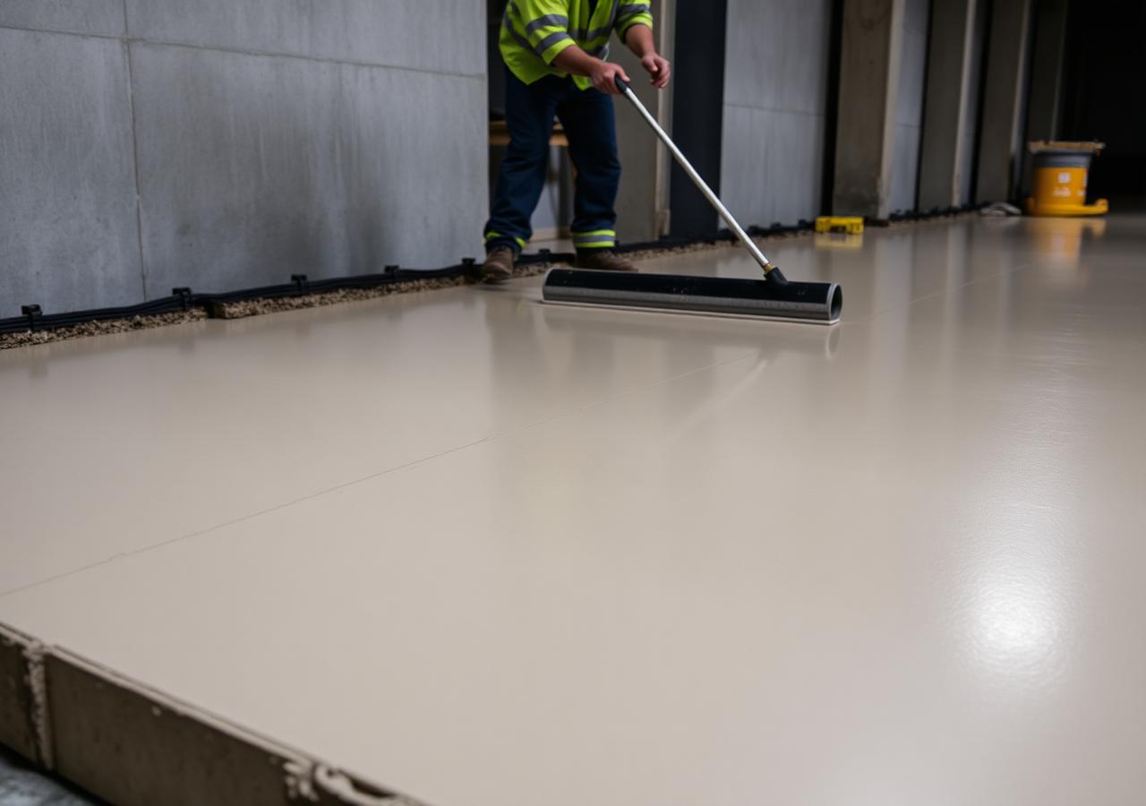 Freshly finished concrete slab surface being troweled smooth