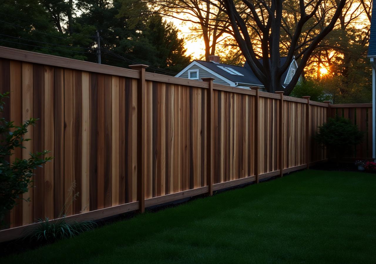 Newly installed pressure-treated wood privacy fence on a New Hampshire property