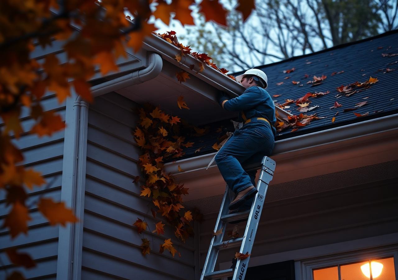 Worker on a ladder clearing autumn leaves from a home's gutters